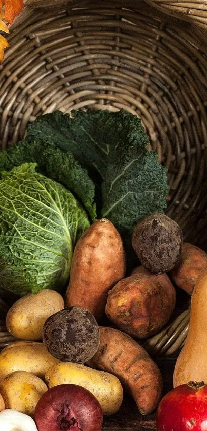 Autumn harvest of vegetables in wicker basket.