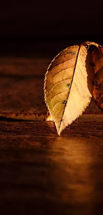 Rustic autumn leaf on wooden surface, warm earthy wallpaper.