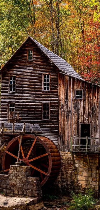 Rustic wooden mill surrounded by vibrant autumn foliage in a forest setting.