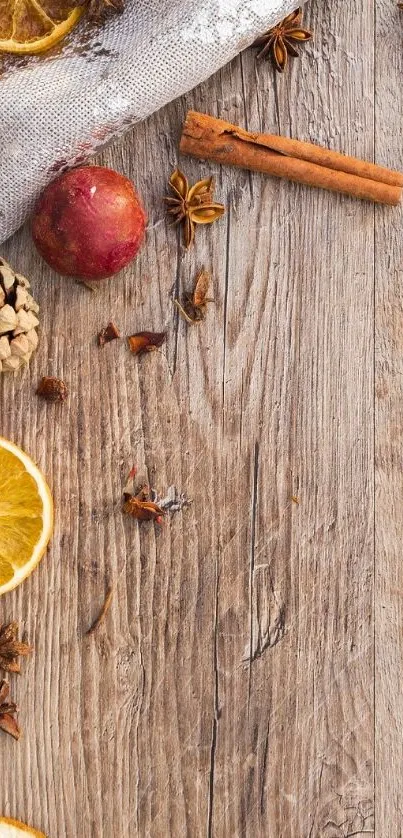 Warm rustic wooden background with autumn elements.