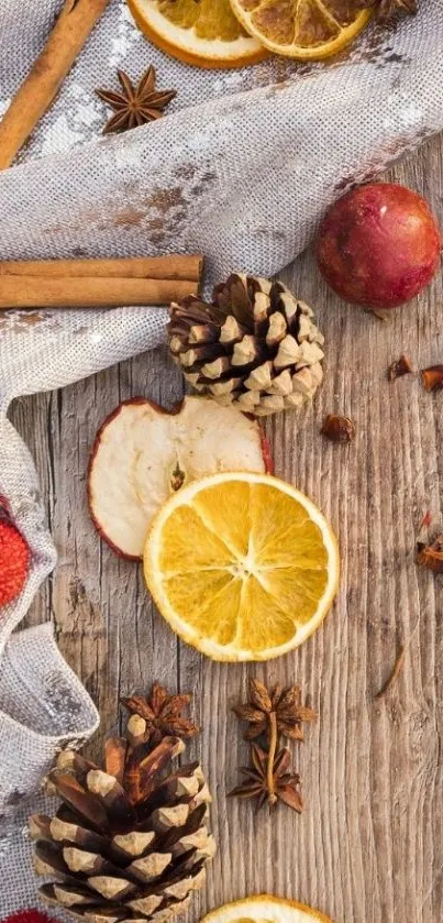 Rustic autumn wallpaper with dried fruits and pinecones on wood.