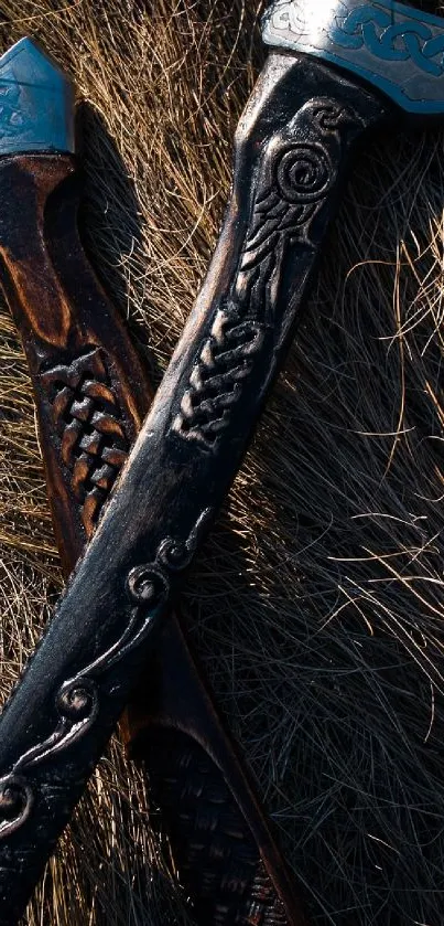 Carved wooden axes on dry grass background.