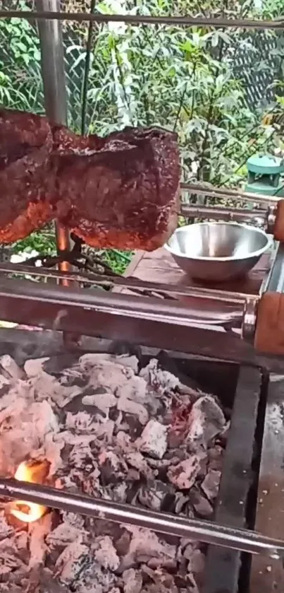 Rustic barbecue scene with sizzling meat on grill.