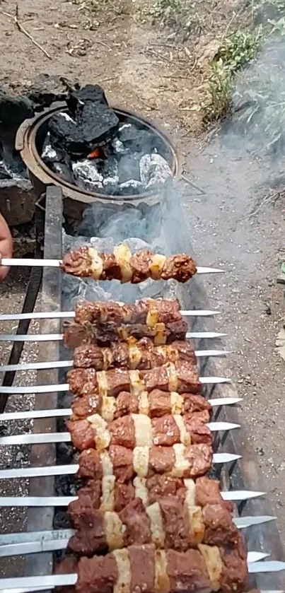 Grilled meat skewers over a rustic outdoor barbecue setup.