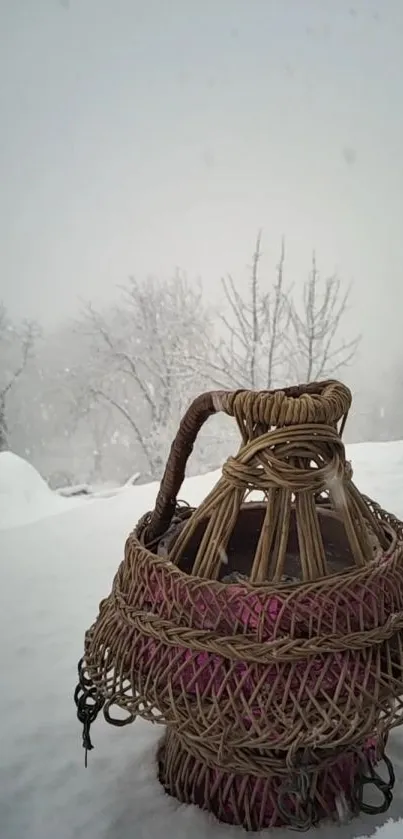 Wicker basket amidst snowy winter landscape, serene and minimalist.