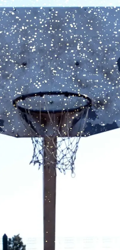 Rustic basketball hoop with snowflakes on a gray winter day.