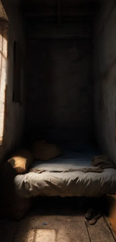 Cozy rustic bedroom with warm shadows and inviting light.