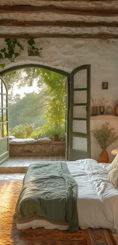 Rustic bedroom with green garden view, cozy and inviting atmosphere.