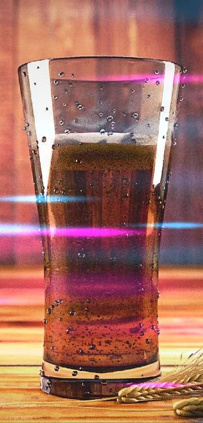 Tall glass of beer on rustic wooden table.