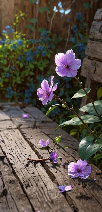 Rustic bench adorned with violet flowers in a garden setting.