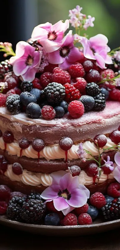 Rustic berry cake with pink flowers on a bronze plate.