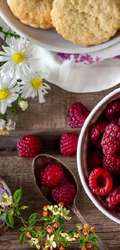 Rustic wallpaper with berries, flowers, and apples on wooden table.