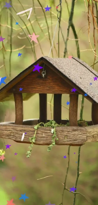 Rustic birdhouse with colorful stars on a green background wallpaper.