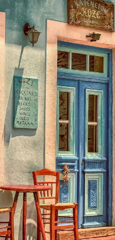 Rustic Mediterranean blue door with wooden chairs and sunlight.