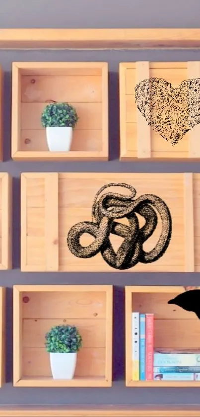 Wooden bookshelf with artistic designs, featuring a heart, pattern, and silhouette.