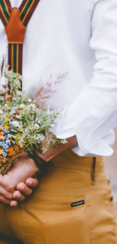 Rustic floral bouquet with suspenders in nature.