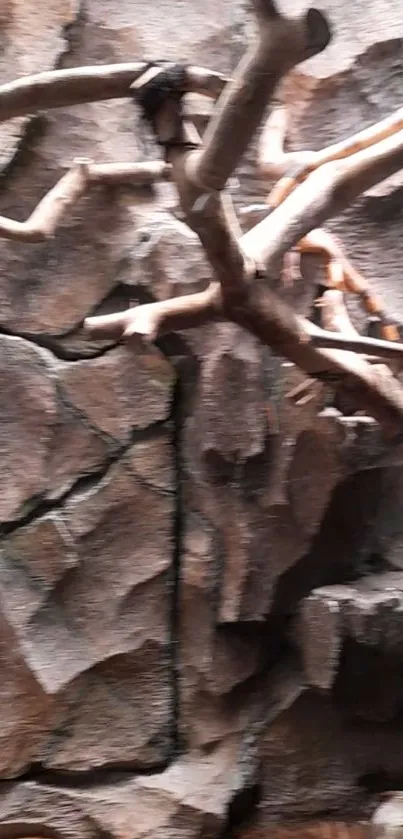 Rustic branches intertwined on a stone wall background.