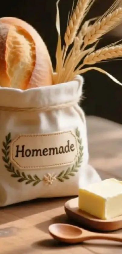 Rustic homemade bread and butter display in a cozy kitchen setting.