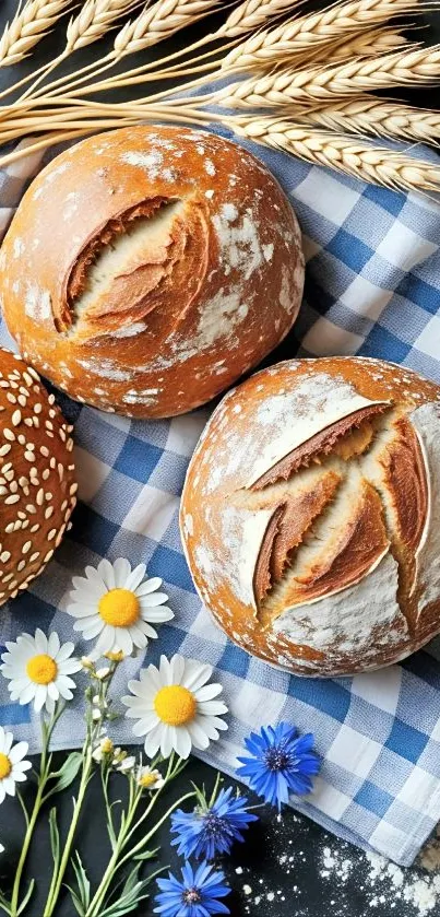 Rustic bread and wildflowers on checkered cloth.
