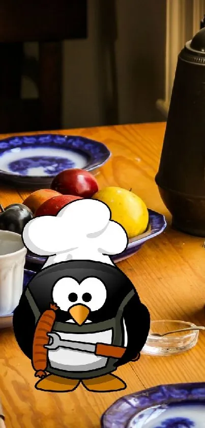 Rustic breakfast table with a penguin chef and blue china.