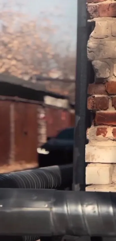 A rustic brick wall with industrial pipes in an urban setting.