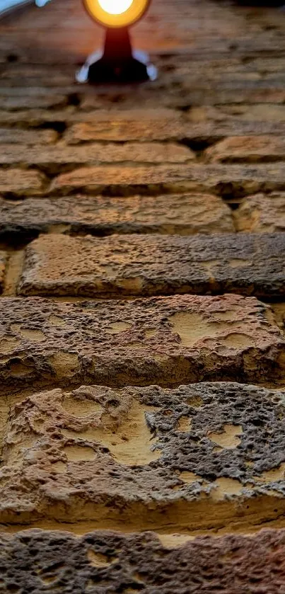 Close-up of rustic brown brick wall with light.