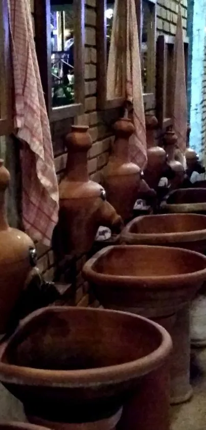 Rustic brick wall with clay pots and draped cloths.