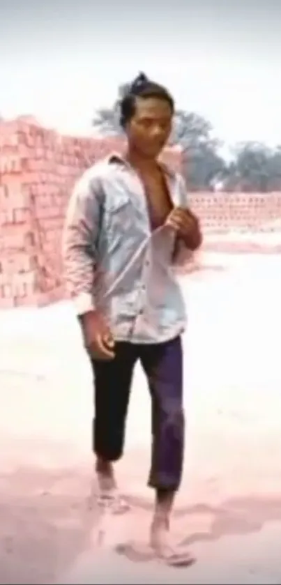 Man walking in a rustic brick yard.