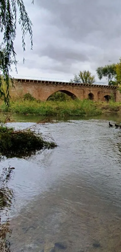 Stone bridge spans a calm river under gray sky.