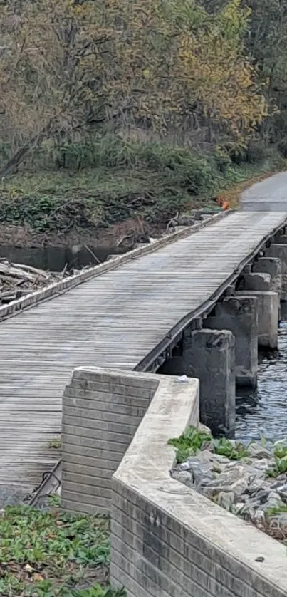 Rustic wooden bridge over tranquil river in serene natural setting.