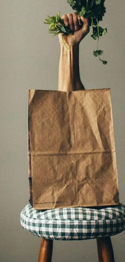 Hand holding herbs over a brown bag on a stool.