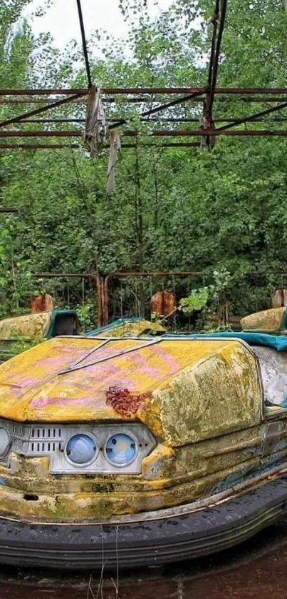 Abandoned yellow bumper car in lush forest setting.