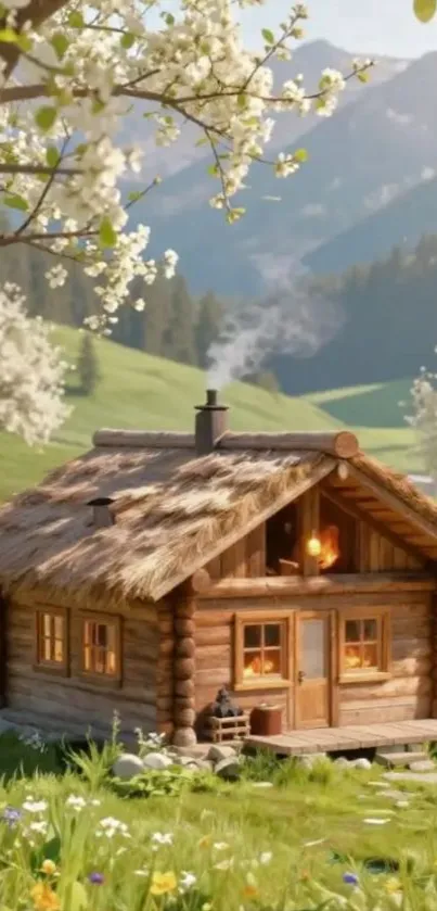 Rustic cabin in a blooming meadow with mountain backdrop