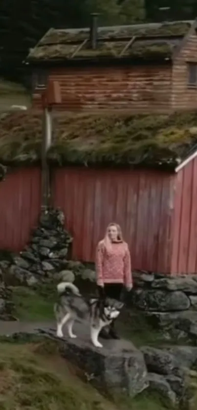 Rustic cabin with a dog in front.