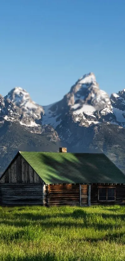 Rustic cabin with mountains and green fields.