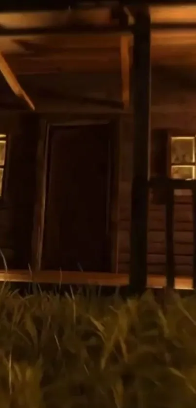 Rustic wooden cabin at night with warm lighting and grassy foreground.