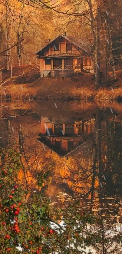 Rustic cabin reflecting in a serene autumn lake with vibrant fall colors.