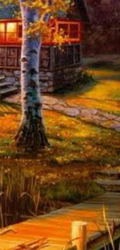 Rustic cabin surrounded by autumn foliage and wooden path.