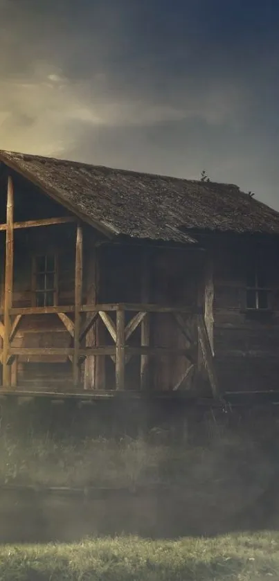 Serene cabin by a misty lakeside at dusk.