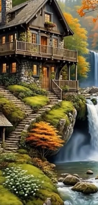 Rustic cabin beside a waterfall in a forest setting.