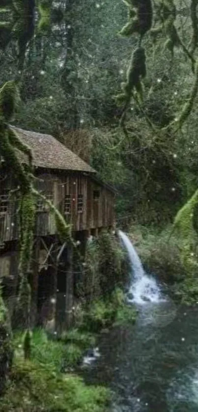 Rustic cabin by a waterfall in a lush forest landscape.