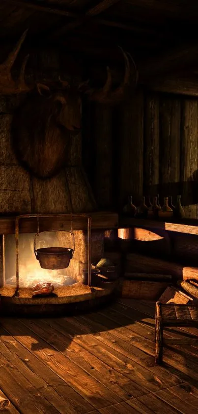 Rustic cabin interior with fireplace and moose head wall decor.