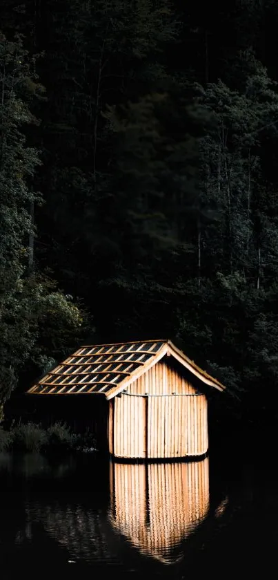 Rustic cabin on forest lake at night.