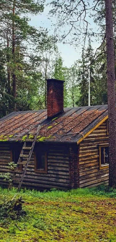 Rustic cabin surrounded by lush forest.