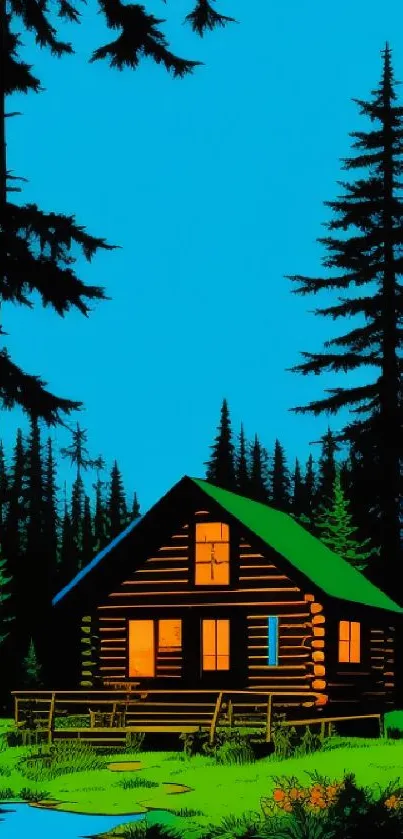 Rustic cabin in forest with glowing windows and tall pine trees, night scene.