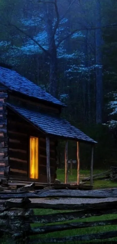 Rustic cabin glowing in a moonlit forest at night.