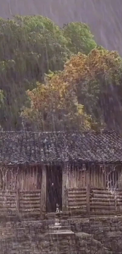 Rustic cabin in the rain with lush green forest backdrop.