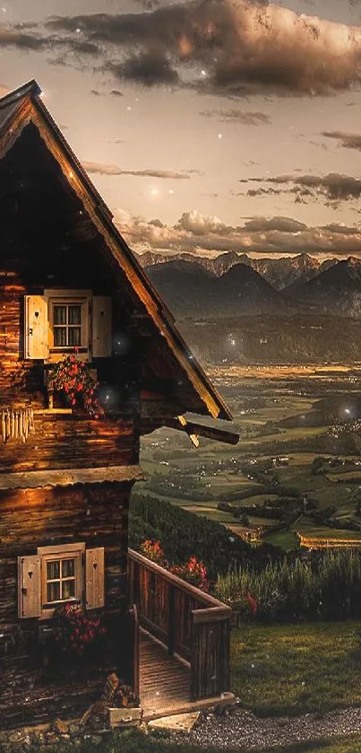 Rustic cabin with sunset mountain view, creating a serene and cozy atmosphere.