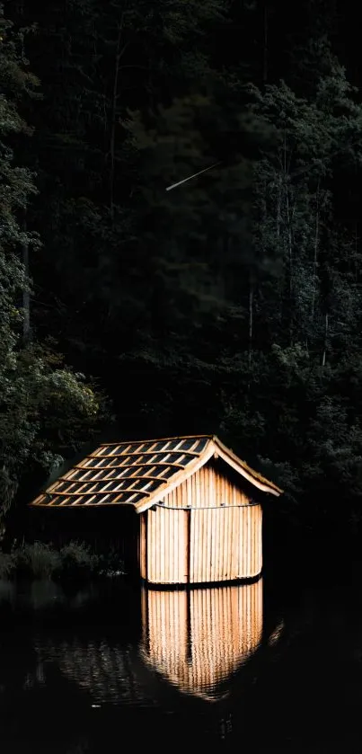 Rustic cabin night reflection with forest and lake.