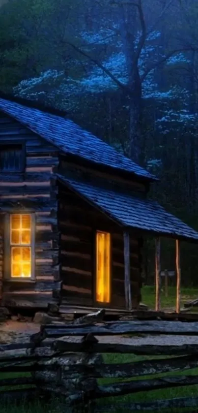 Rustic cabin at night with glowing windows in a forest setting.